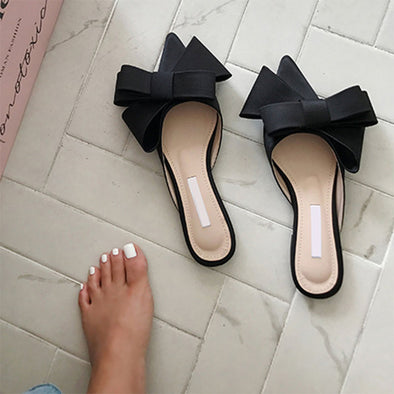 satin Pointed bow tie  flat heel slippers
