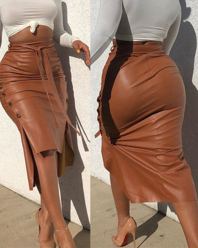 High Waist Faux Leather Side Button Split Skirt