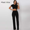 2 Two Piece Set Women Ribbed O Neck Crop Top and Long Pants Set s-xxl