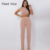 2 Two Piece Set Women Ribbed O Neck Crop Top and Long Pants Set s-xxl